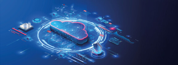 Isometrische Grafik einer digitalen Cloud-Plattform mit Sicherheitsschild, Datenstr&ouml;men und vernetzter Systemlandschaft auf blauem Hintergrund als Symbol f&uuml;r souver&auml;ne Software-Plattformen in der Industrie.