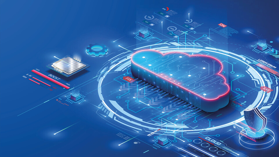 Isometrische Grafik einer digitalen Cloud-Plattform mit Sicherheitsschild, Datenstr&ouml;men und vernetzter Systemlandschaft auf blauem Hintergrund als Symbol f&uuml;r souver&auml;ne Software-Plattformen in der Industrie.
