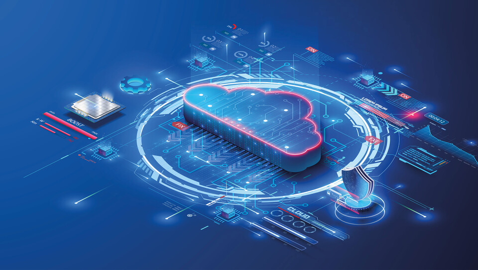 Isometrische Grafik einer digitalen Cloud-Plattform mit Sicherheitsschild, Datenstr&ouml;men und vernetzter Systemlandschaft auf blauem Hintergrund als Symbol f&uuml;r souver&auml;ne Software-Plattformen in der Industrie.