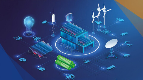 Vernetztes Geb&auml;ude mit Solaranlagen, Windr&auml;dern und Energiespeichern als Symbol f&uuml;r Nachhaltigkeit.