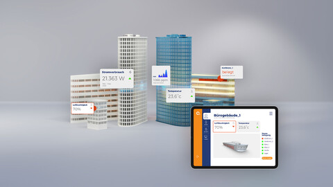 Hochhausensemble mit schwebenden Messwerten und Tablet-Dashboard als Symbol für technisches Monitoring von Gebäuden.