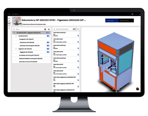 Monitor mit Dokumentenliste und 3D-Modell einer Anlage als Digitaler Zwilling im Serviceportal.