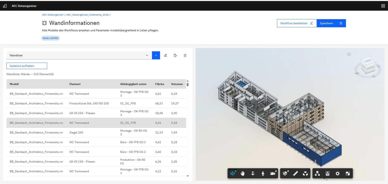 AEC Dataorganizer – BIM-Datenverwaltung und 3D-Modellansicht Benutzeroberfläche des AEC Dataorganizers mit tabellarischer Übersicht von BIM-Bauteildaten und verknüpfter 3D-Ansicht eines Gebäudemodells.