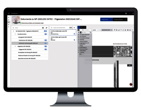 Monitor mit geöffneter Betriebsanleitung als PDF in der Dokumentenverwaltung am Digitalen Zwilling.