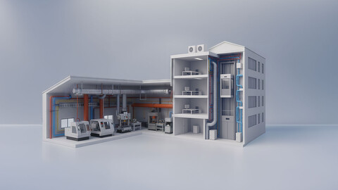 Schnittgrafik eines Industrie- und Bürogebäudes mit sichtbaren Leitungen und Anlagen als Symbol für technische Gebäudeausrüstung.