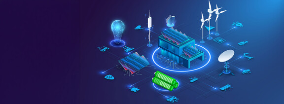 Isometrische Grafik mit Solaranlagen, Windr&auml;dern, Batteriespeicher und digital vernetzter Infrastruktur zur Darstellung von CO2-Tracking, Energiemanagement und Nachhaltigkeit in der Industrie.