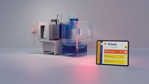 Maschine mit digitalem Zwilling und Tablet mit Ticketübersicht als Symbol für ein zentrales Serviceportal im Maschinen- und Anlagenbau.