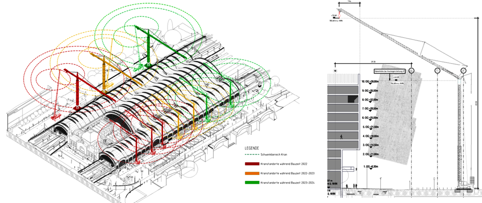 Farbliche Darstellung der Bauphasen entsprechend der Jahre 2022-2024 Kollisionskontrolle des Kranauslegers