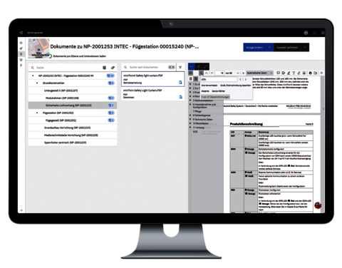 Monitor mit Dokumentenverwaltung im Serviceportal mit Baugruppenstruktur, Dokumentenliste und PDF-Vorschau am Digitalen Zwilling.