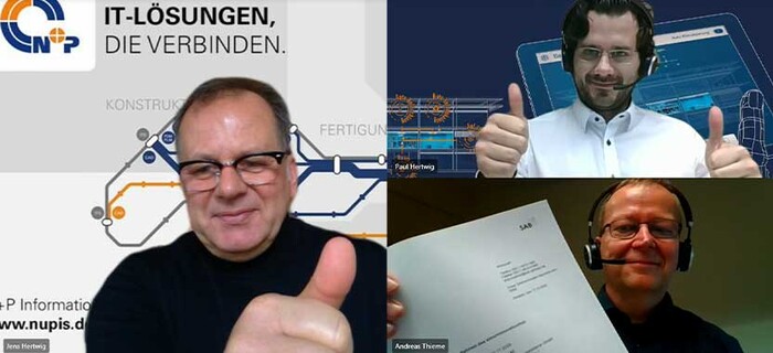 Eingang des F&ouml;rdermittelbescheides bei der Gesch&auml;ftsf&uuml;hrung der N+P Informationssysteme GmbH (l: Jens Hertwig, o. r.: Paul Hertwig, u. r.: Andreas Thieme)