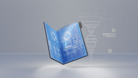 Schwebendes digitales Handbuch mit blauen Konstruktionsplänen einer Maschine als Symbol für die Dokumentation im Anlagenbau.