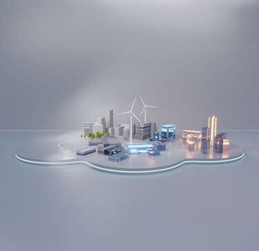 3D-Visualisierung einer vernetzten Industrielandschaft auf einer leuchtenden Plattform als Symbol für die digitalen Services von N+P.