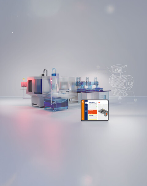 Werkzeugmaschine, Fertigungslinie und Tablet mit Maschinendashboard als Symbol für digital vernetzte Anlagen im Maschinenbau.