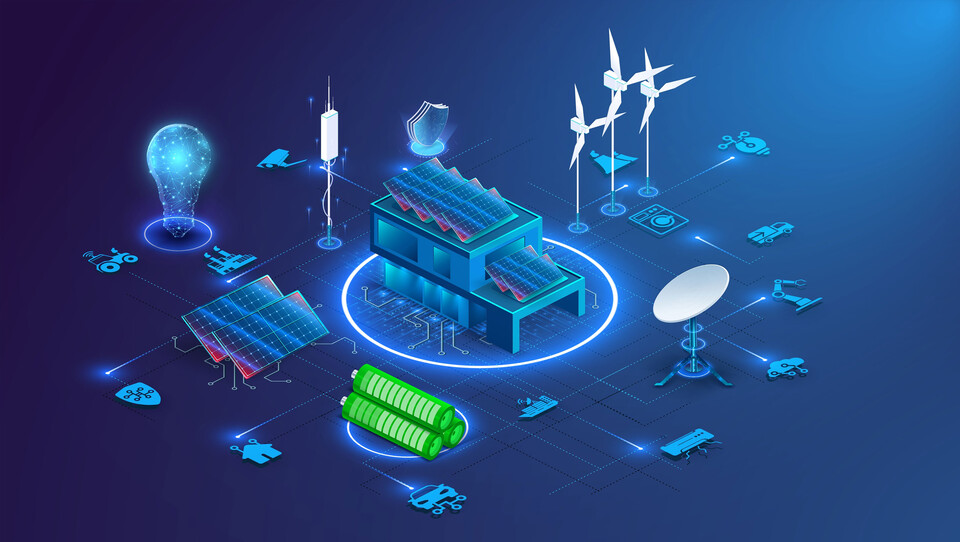 Isometrische Grafik mit Solaranlagen, Windr&auml;dern, Batteriespeicher und digital vernetzter Infrastruktur zur Darstellung von CO2-Tracking, Energiemanagement und Nachhaltigkeit in der Industrie.