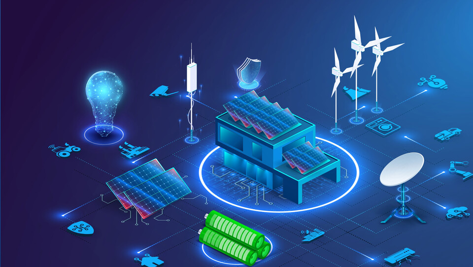 Isometrische Grafik mit Solaranlagen, Windr&auml;dern, Batteriespeicher und digital vernetzter Infrastruktur zur Darstellung von CO2-Tracking, Energiemanagement und Nachhaltigkeit in der Industrie.