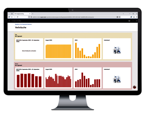 Monitor mit Energiecontrolling-Ansicht, die Balkendiagramme zur historischen Entwicklung von Gas- und Stromverbräuchen zeigt.