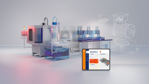 Werkzeugmaschine, Fertigungslinie und Tablet mit Maschinendashboard als Symbol für digital vernetzte Anlagen im Maschinenbau.