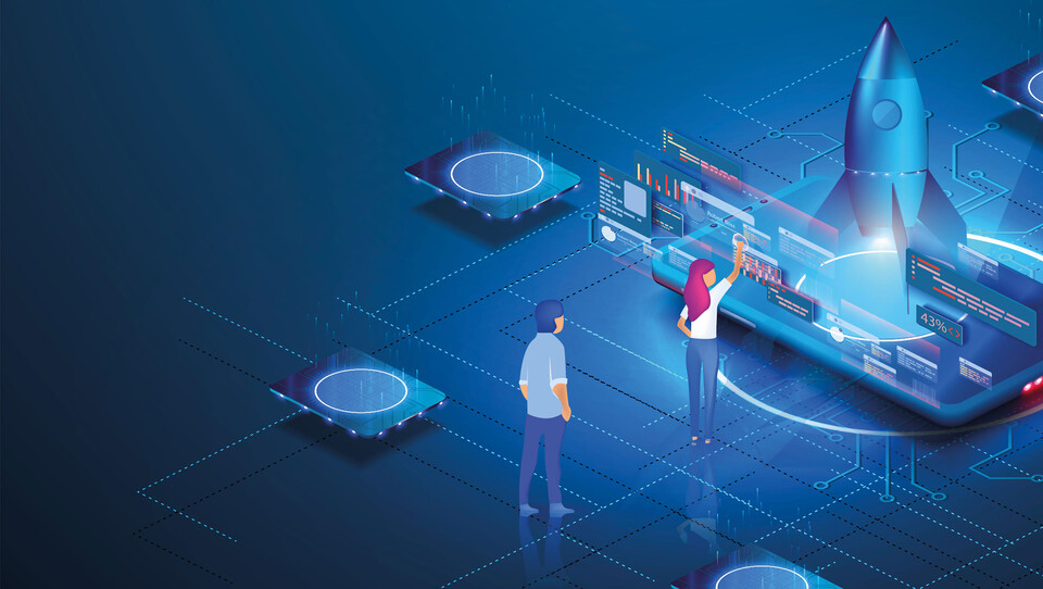 Isometrische Grafik mit Rakete, zwei Personen und digitalen Benutzeroberfl&auml;chen auf vernetzter Plattform als Symbol f&uuml;r Construct-X, digitale Zusammenarbeit und Innovation im Bauwesen.
