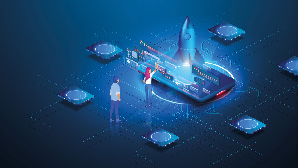 Isometrische Grafik mit Rakete, zwei Personen und digitalen Benutzeroberfl&auml;chen auf vernetzter Plattform als Symbol f&uuml;r Construct-X, digitale Zusammenarbeit und Innovation im Bauwesen.