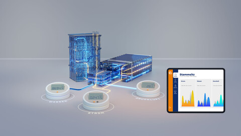Transparenter Gebäudekomplex mit Medienzählern und Tablet-Dashboard als Symbol für Energiecontrolling im Gebäudebetrieb.