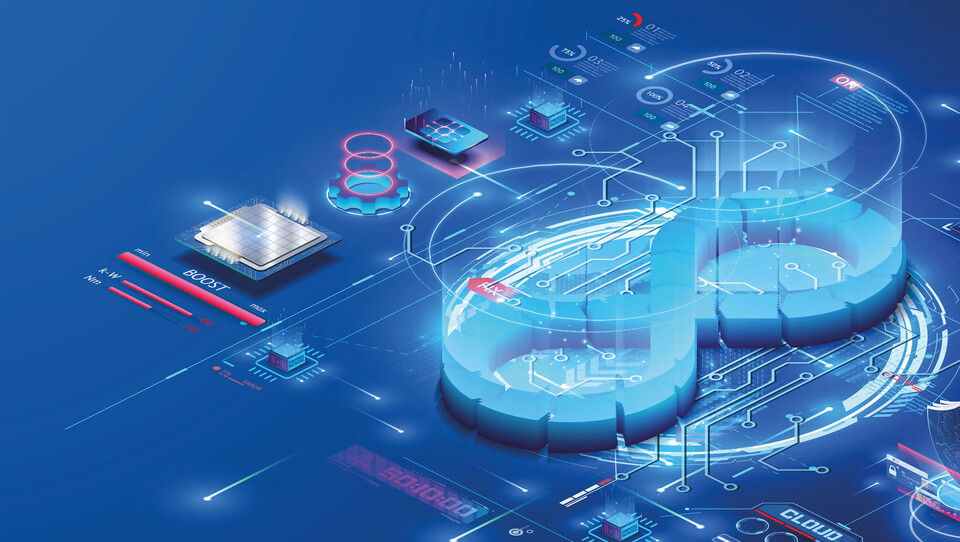 Isometrische Grafik eines transparenten Cloud-Datenraums mit Sicherheitsicon, Dashboard-Elementen und vernetzten Datenpunkten als Symbol f&uuml;r Manufacturing-X und industrielle Daten&ouml;kosysteme.
