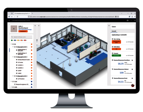 Monitor mit 3D-Darstellung einer Fertigungshalle und Datenbereich zur Überwachung der Maschinenzustände.