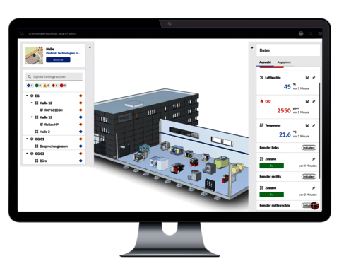 Monitor mit 3D-Gebäudemodell und Echtzeitdaten zu Luftfeuchte, CO₂, Temperatur und Fensterzuständen in der technischen Gebäudeausrüstung.