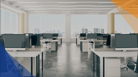 Modernes B&uuml;ro mit Computerarbeitspl&auml;tzen als Symbol f&uuml;r digitales Inventarmanagement.