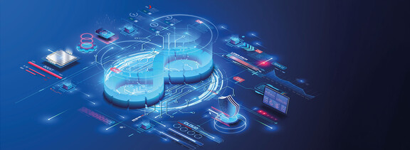Isometrische Grafik eines transparenten Cloud-Datenraums mit Sicherheitsicon, Dashboard-Elementen und vernetzten Datenpunkten als Symbol f&uuml;r Manufacturing-X und industrielle Daten&ouml;kosysteme.