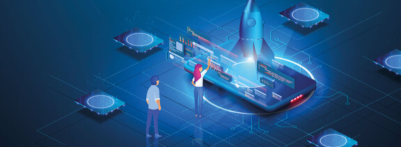 Isometrische Grafik mit Rakete, zwei Personen und digitalen Benutzeroberfl&auml;chen auf vernetzter Plattform als Symbol f&uuml;r Construct-X, digitale Zusammenarbeit und Innovation im Bauwesen.