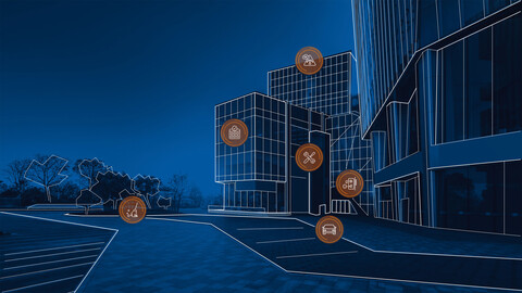 Stilisiertes Bürogebäude mit orangefarbenen Service-Icons als Symbol für die CAFM-Lösung SPARTACUS für Gebäudebetreiber.