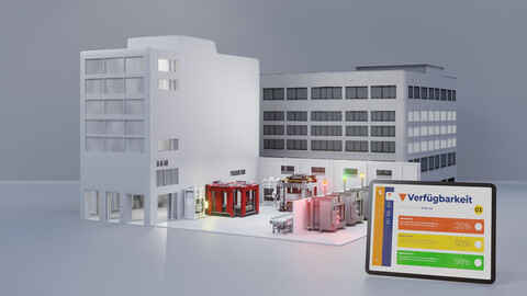 Modell einer Fertigungshalle mit Maschinen und Tablet, das Verfügbarkeiten anzeigt, als Symbol für Produktionsüberwachung.