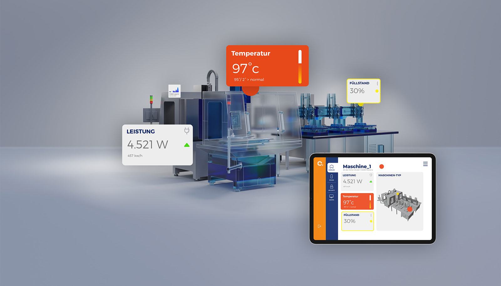 Werkzeugmaschine mit schwebenden Anzeigen für Leistung, Temperatur und Füllstand sowie Tablet-Dashboard als Symbol für Condition Monitoring im Anlagenbau.