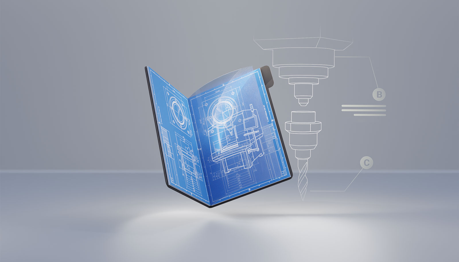 Schwebendes digitales Handbuch mit blauen Konstruktionsplänen einer Maschine als Symbol für die Dokumentation im Anlagenbau.