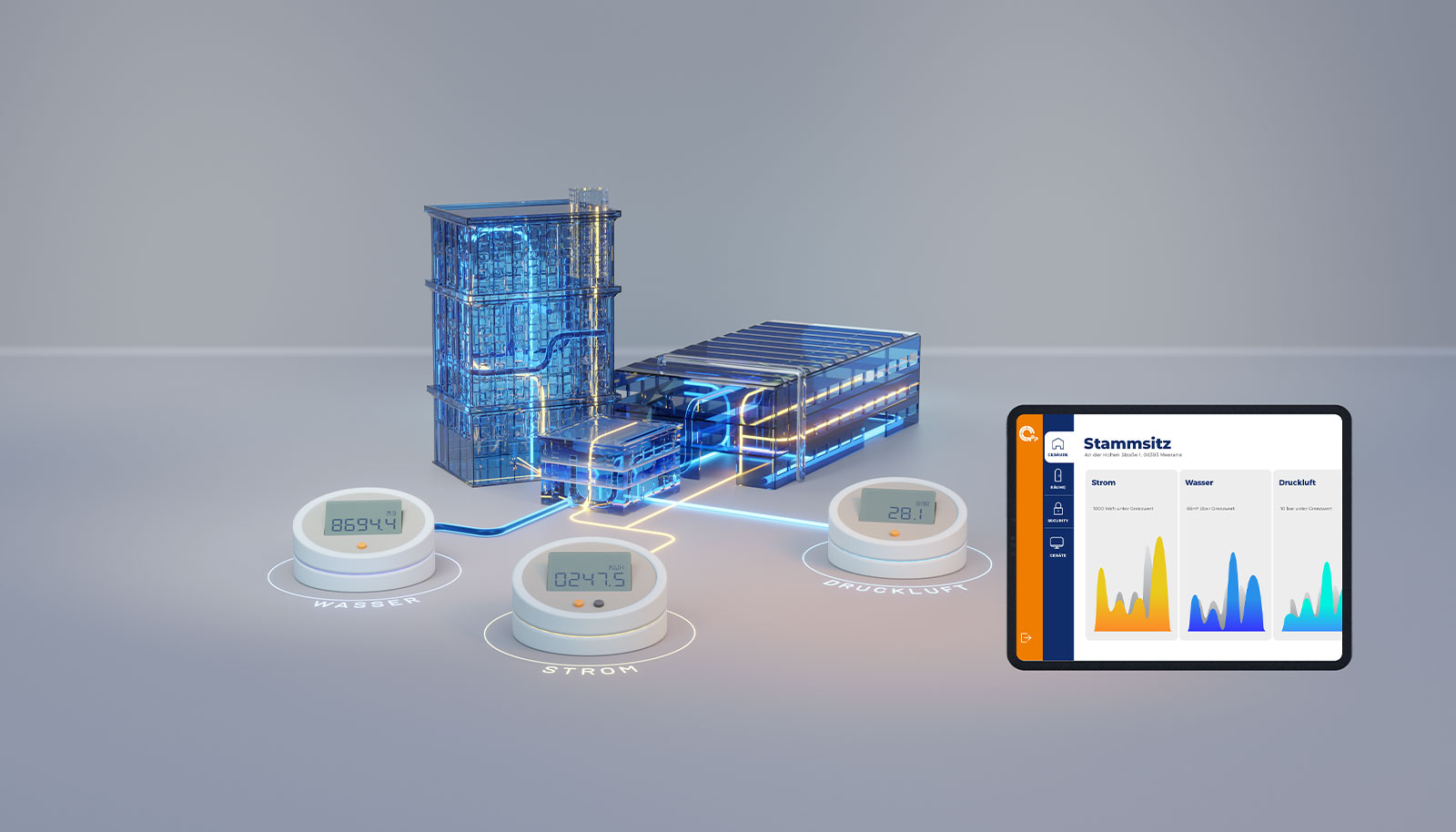 Transparente Fabrik mit Medienzählern für Wasser, Strom und Druckluft sowie Tablet-Dashboard als Symbol für Energiecontrolling in der Fertigung.