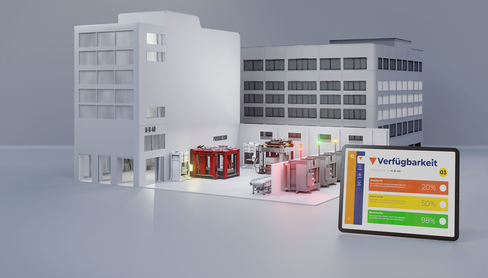 Modell einer Fertigungshalle mit Maschinen und Tablet, das Verfügbarkeiten anzeigt, als Symbol für Produktionsüberwachung.