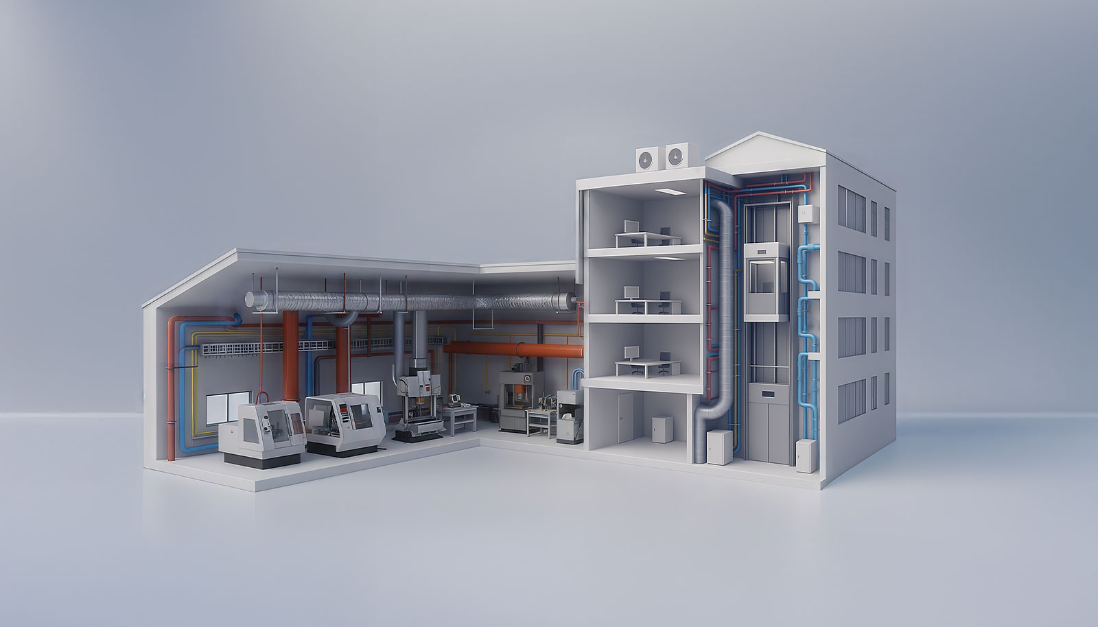 Schnittgrafik eines Industrie- und Bürogebäudes mit sichtbaren Leitungen und Anlagen als Symbol für technische Gebäudeausrüstung.