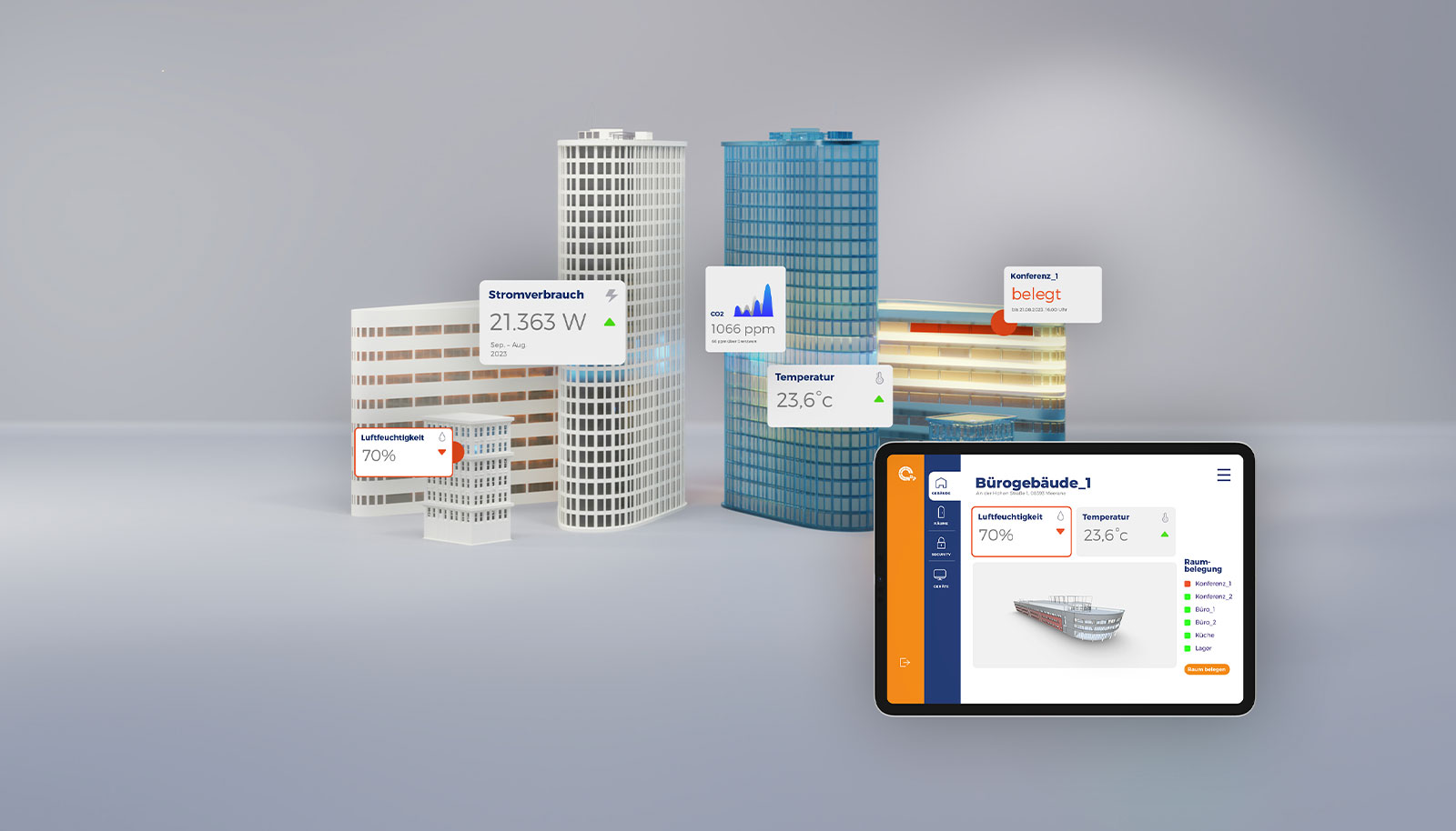 Hochhausensemble mit schwebenden Messwerten und Tablet-Dashboard als Symbol für technisches Monitoring von Gebäuden.