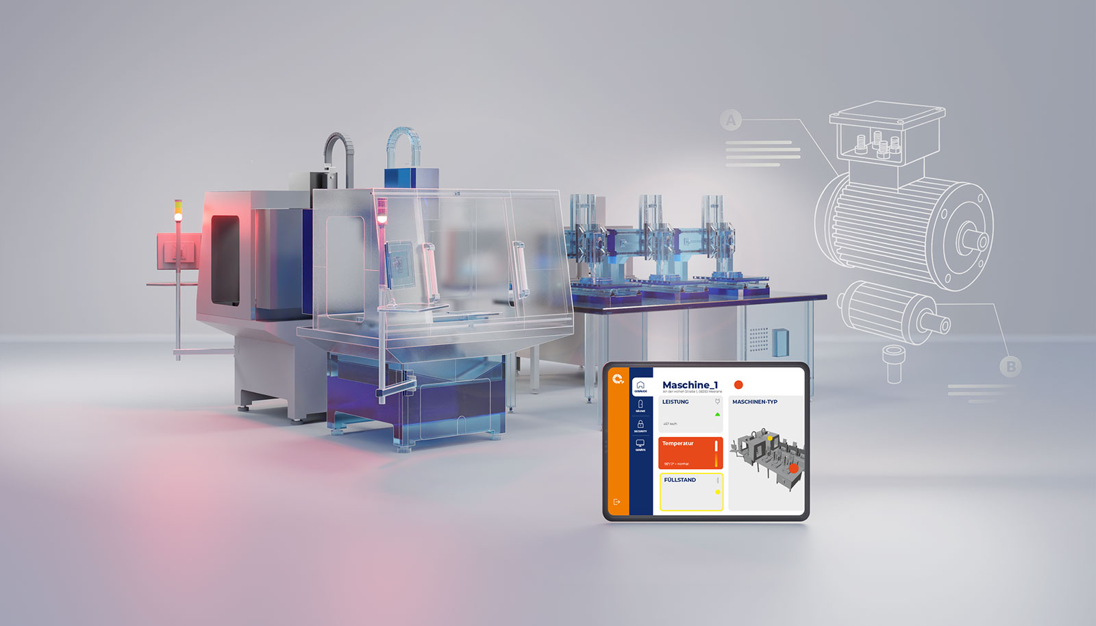 Werkzeugmaschine, Fertigungslinie und Tablet mit Maschinendashboard als Symbol für digital vernetzte Anlagen im Maschinenbau.
