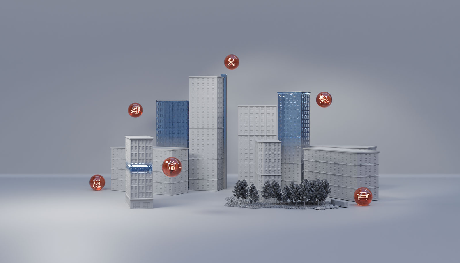 Modell einer Stadt mit Hochhäusern und Funktions-Icons als Symbol für digitale Services im Gebäudebetrieb.
