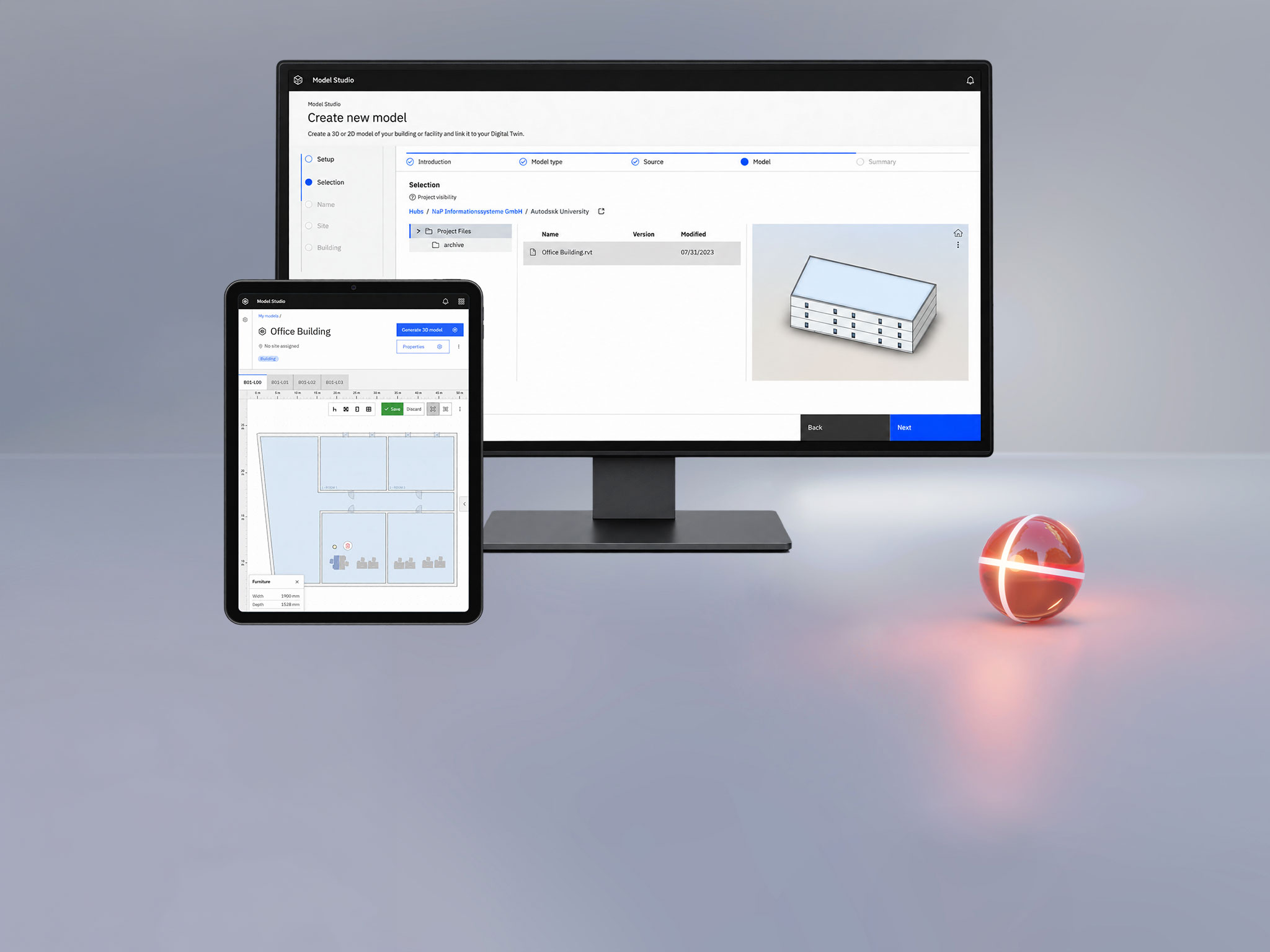 NuP Model Studio auf Monitor und Tablet mit 2D-Grundriss und erzeugtem 3D-Geb&auml;udemodell